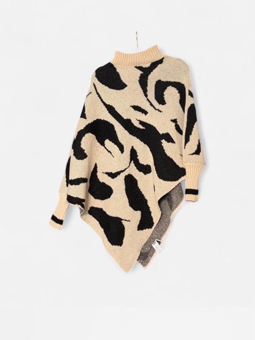 Poncho Sweater - Women's cardigan XL 1X tan black cream mock neck turtleneck 0X - Picture 2 of 9